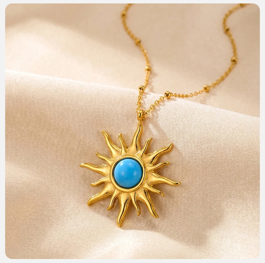 Vnox vergoldete blaue Türkis-Sonnenstern-Anhänger-Halskette für Damen, Edelstahl-Hexagramm-Schlüsselbeinkette, böhmischer Schmuck – Detail 5