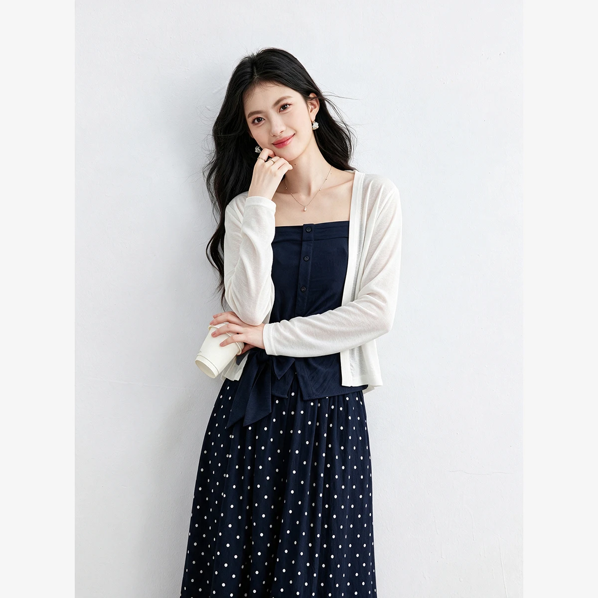 VIMLY French Polka Dot Commuter Set for Women 2026 Autumn Long Sleeve Cardigan Camisole Wide-leg Pants Three-piece Set 31798