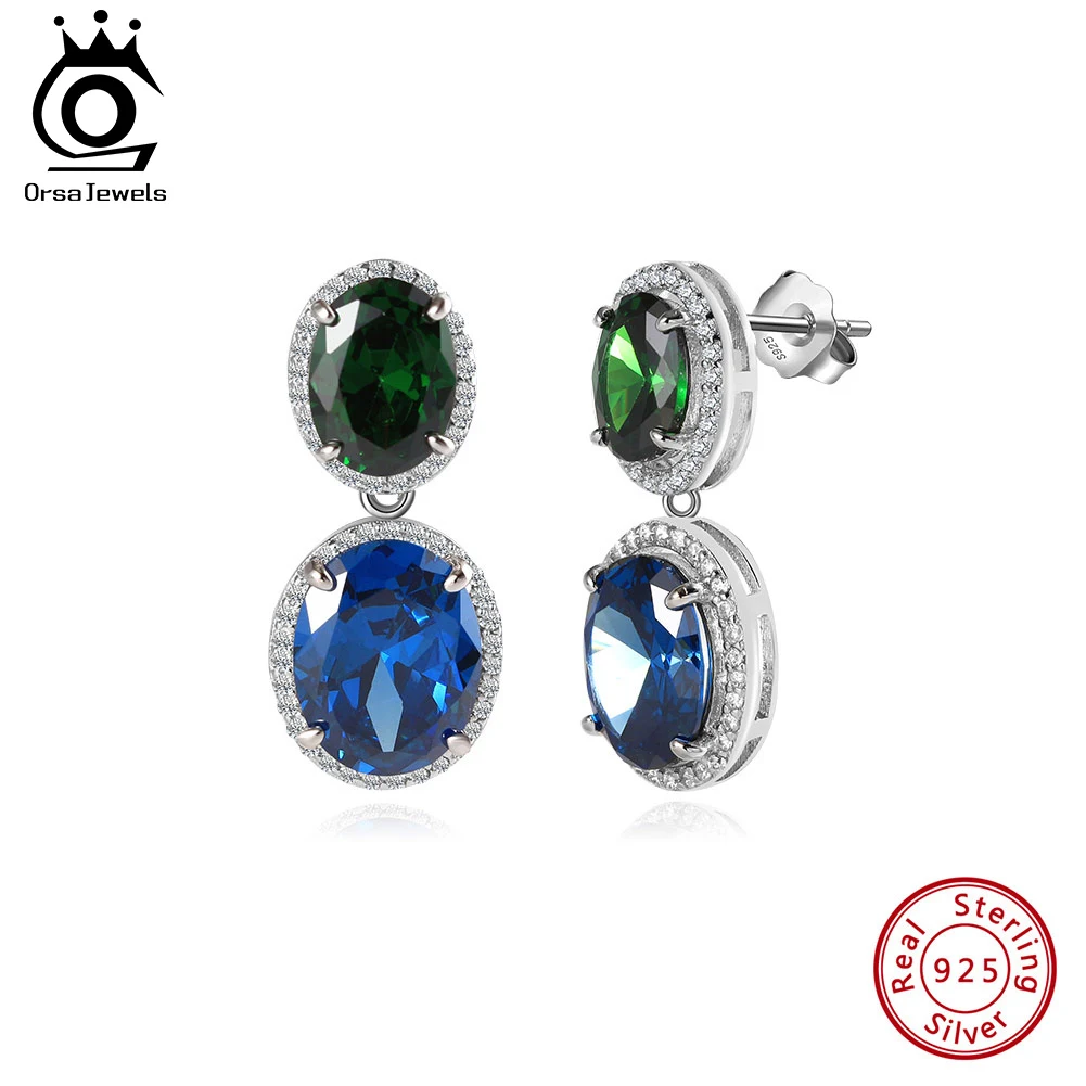 

ORSA JEWELS 925 Silver Created Sapphire Created Emerald Dangle Earrings Round Shape Drop Earrings for Women Jewelry LZE45