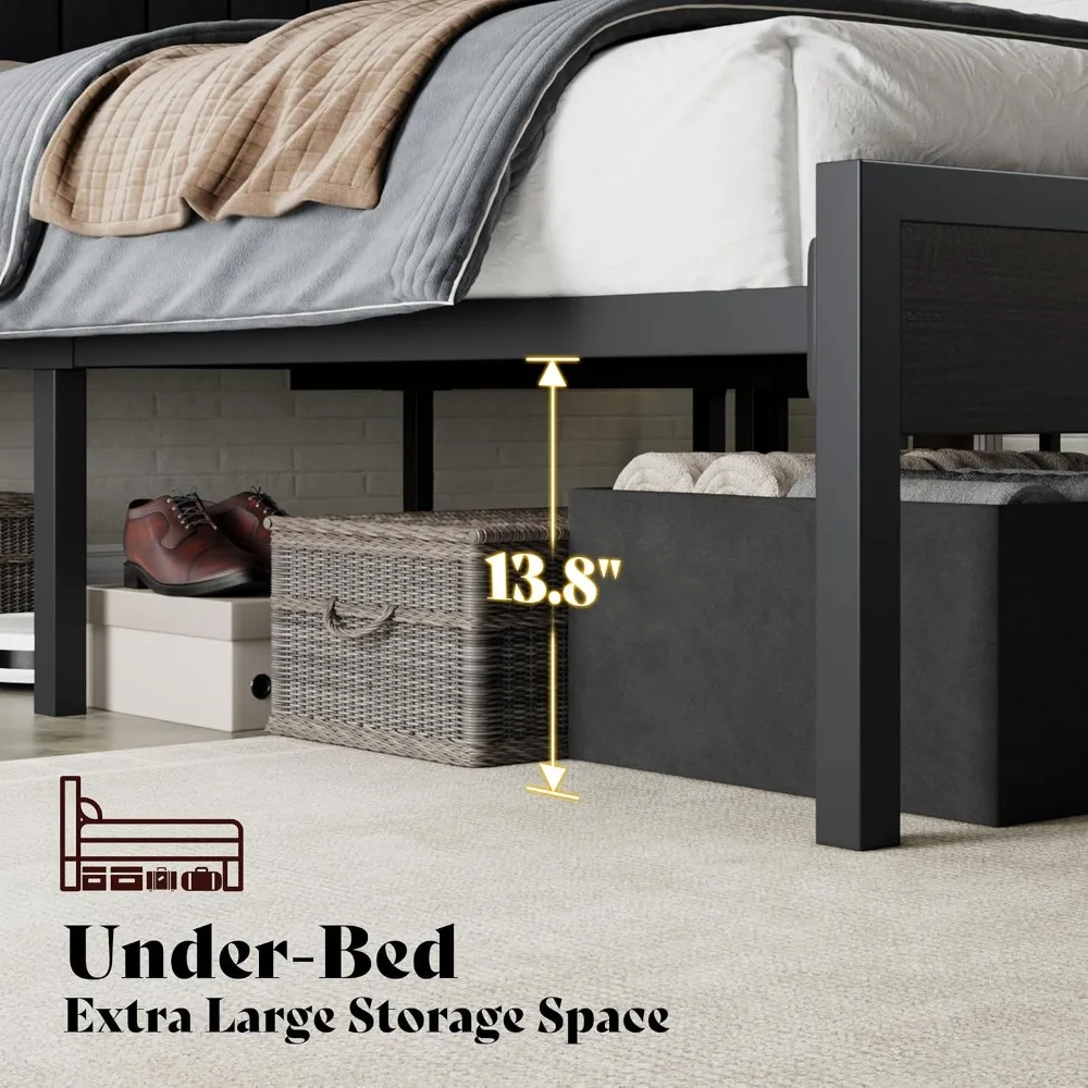King Bed Frame with LED Light and 2 Storage Drawers, Metal Platform Bed with Storage Headboard, Velvet Upholstered,, Customized view 2