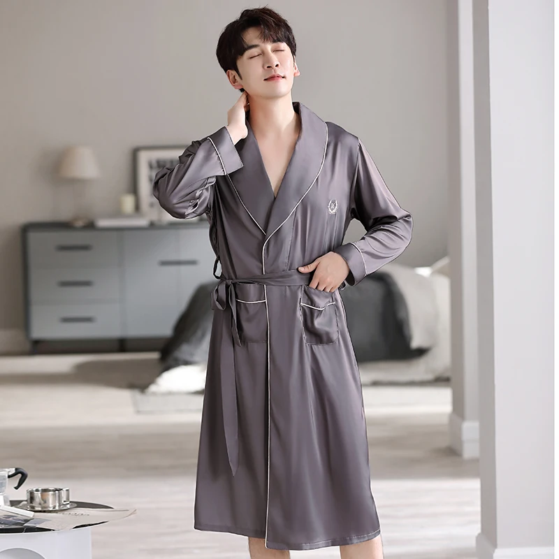 Mens Silk Satin Pajamas Sleepwear Robe Long Sleeve Robes Bathrobe V-Neck Nightgown