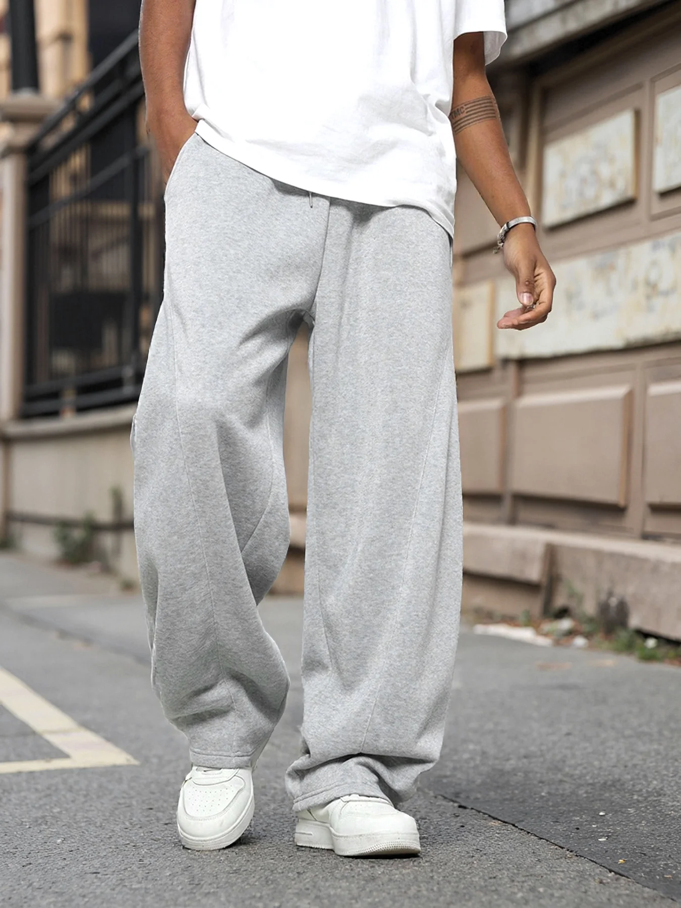 Herren Hellgraue Weite Jogginghose Frühling Herbst Lose Gerade Freizeithose