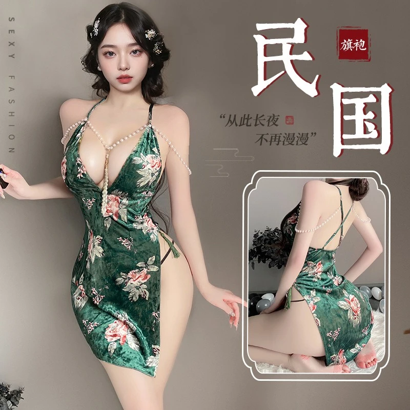 Large Size Women Sexy Qipao Uniform Lingerie Deep V Pearl Chain Chinese Traditional Cheongsam Cosplay Backless High Split Dress