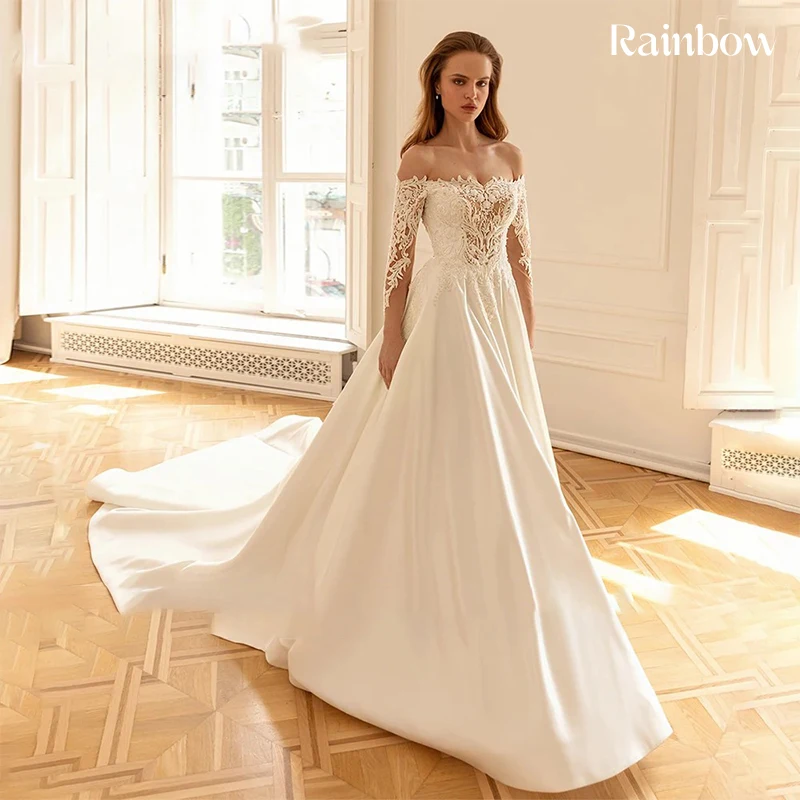 

Off The Shoulder Wedding Dress Satin With Embroidered Lace A-Line Ball Gown Full Sleeve Customized Bride Dress Vestido De Novia