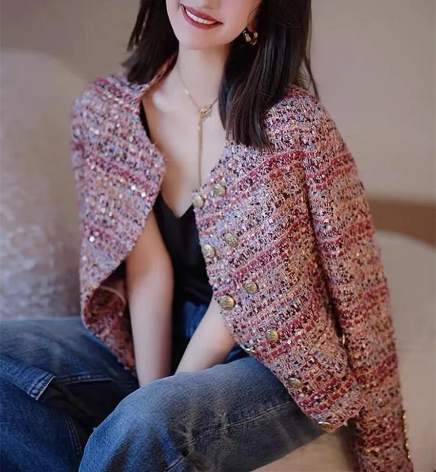 High Quality Design Women Pink Tweed Jacket Coat Small Fragrant Autumn O Neck Double-Breasted Color Woolen Weave Short Outerwer image 5