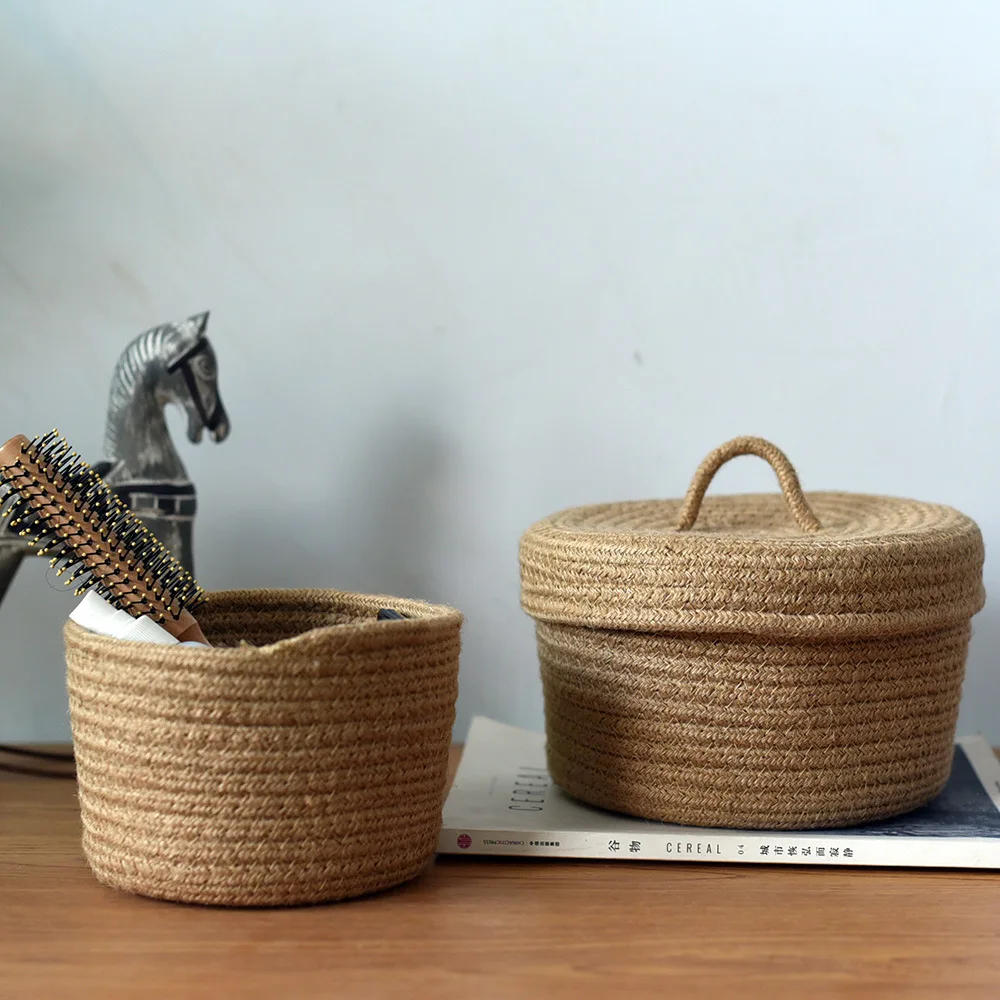 

Storage Box Natural Jute and Cotton Woven Storage Basket with Lid Snack Jute Handmade Cosmetics Key Storage Box Finishing Basket