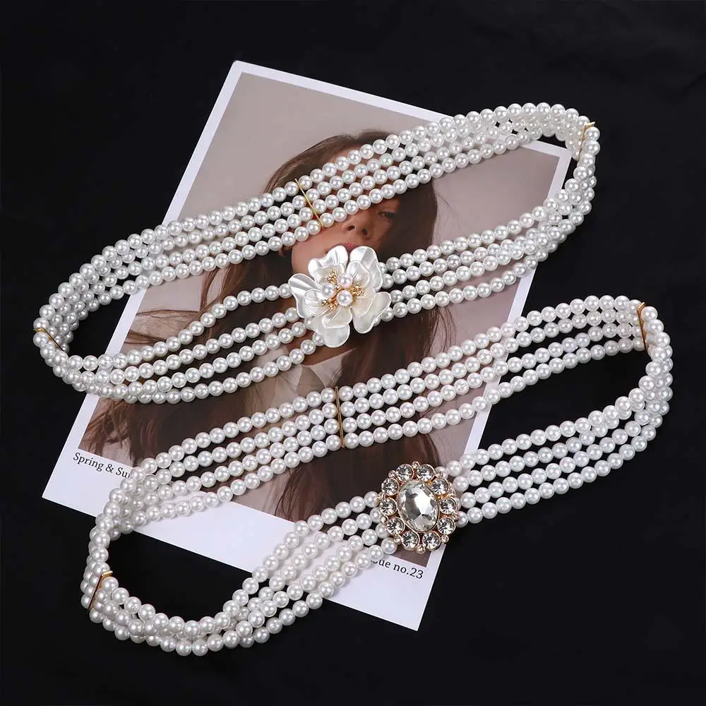 Elegant Adjustable Crystal Elastic For Girls Metal Buckle Dress Decoration Faux Pearl Women Waistband Korean Belt