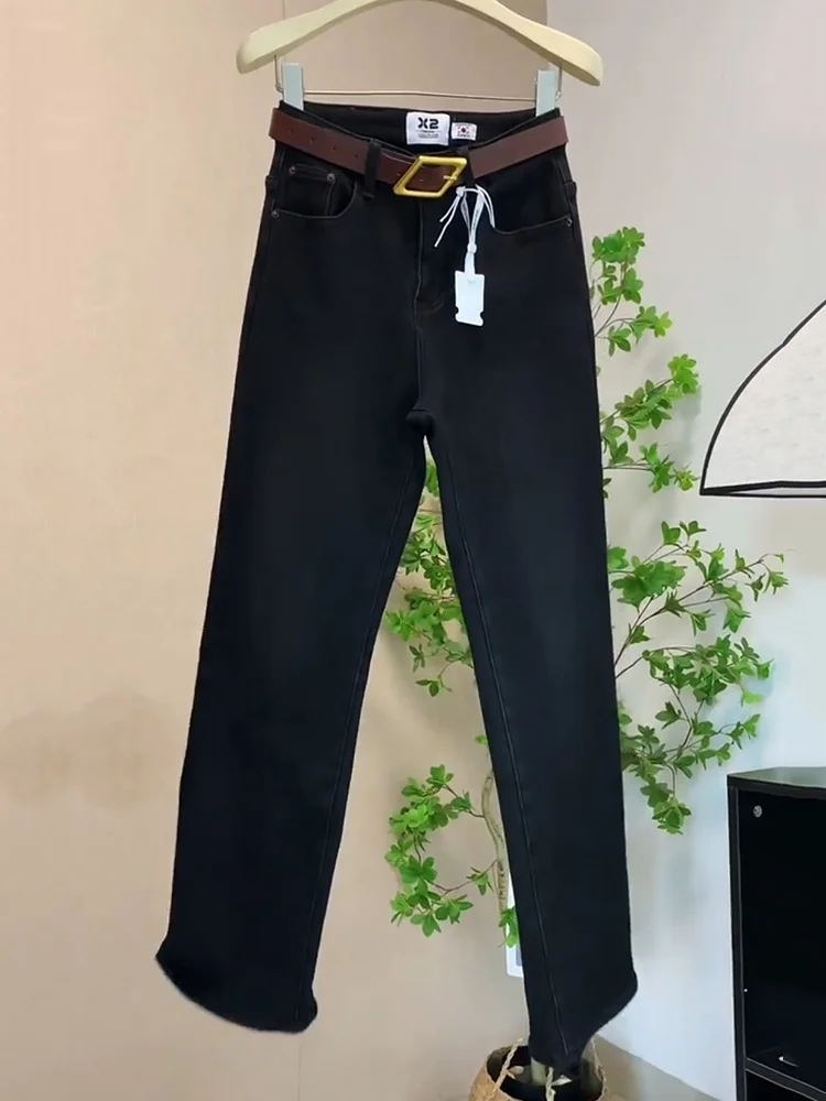 กางเกงยีนส์ทรงตรงขาตรงสำหรับผู้หญิง ฤดูใบไม้ร่วง ฤดูหนาว ไซส์ใหญ่ ผ้าหนา อุ่น ทรงสลิม ขากว้าง เอวสูง ปิดสะโพก