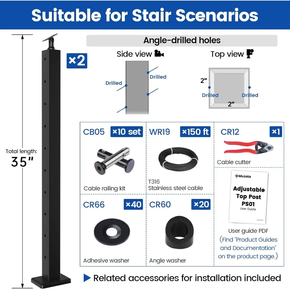 Kit de poteau de garde-corps de câble d'escalier, ensemble d'invitation, adapté pour escalier 25-35 °, 5-10 pieds, 36 po
