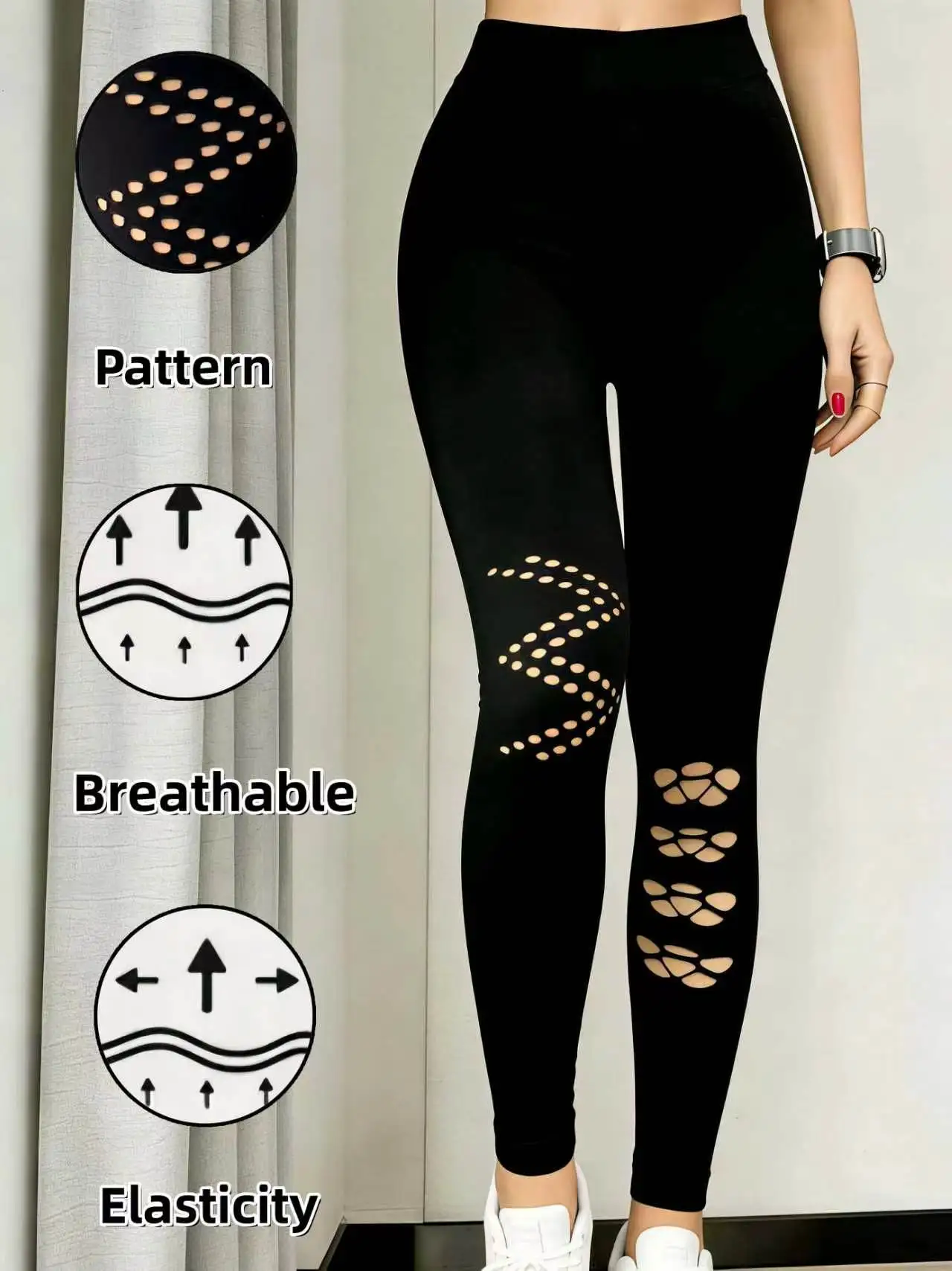 Women's High - Waisted Mesh Cutout Breathable Knitted Stylish Comfortable Elasticity Leggings for Daily Commuting & Sports