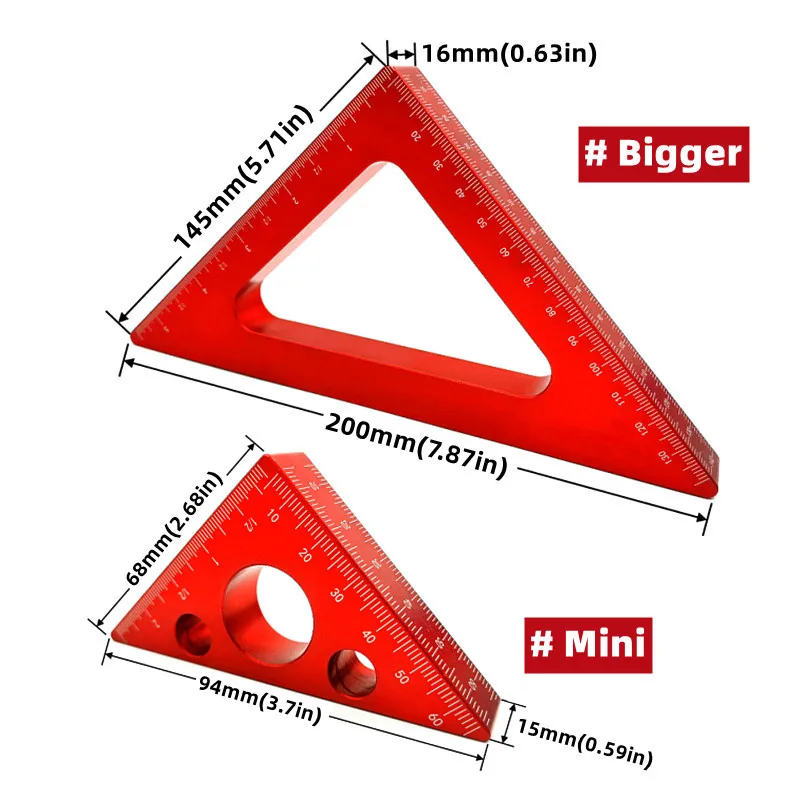 45 Degree Aluminum Alloy Angle Ruler Imperial and Metric Triangle Ruler Carpenter\'s Workshop Woodworking Square Measuring Tools