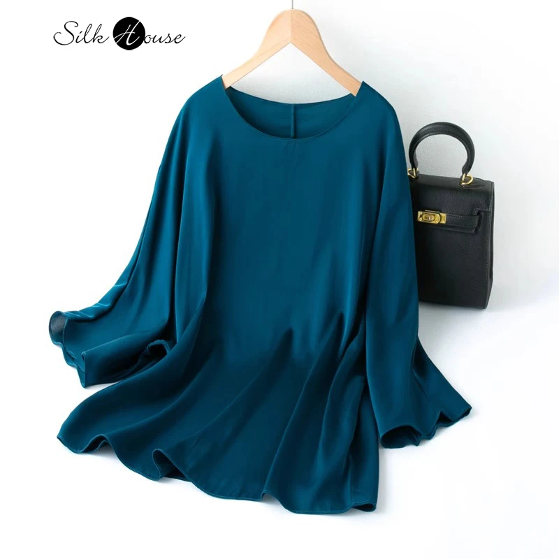 

2024 Summer Casual New 19MM 93% Silk Elastic Double Qiao Satin One Piece Loose Shoulder Three-quarter Sleeve Round Neck T-shirt