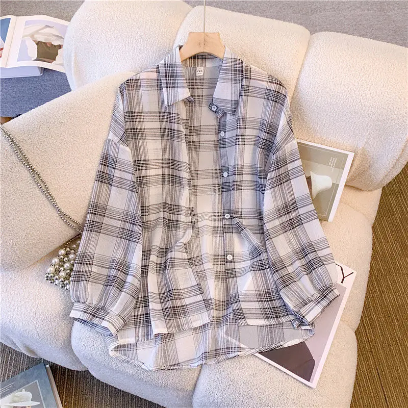 Ice Silk Plaid Loose Street Casual Cardigan Summer New Long Sleeve Polo Neck Vintage Shirt Tops Fashion Trend Women Clothing