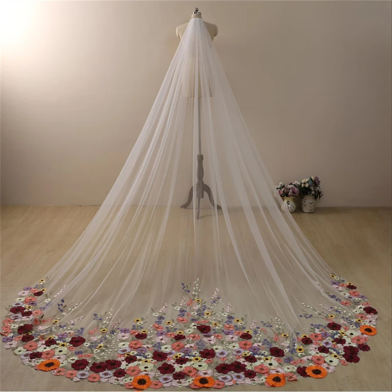 Luxury Floral Bridal Wedding Veils With Comb Accessories For Brides Uniques 3D Flowers Embroidered Cathedral Long Colorful Leaf