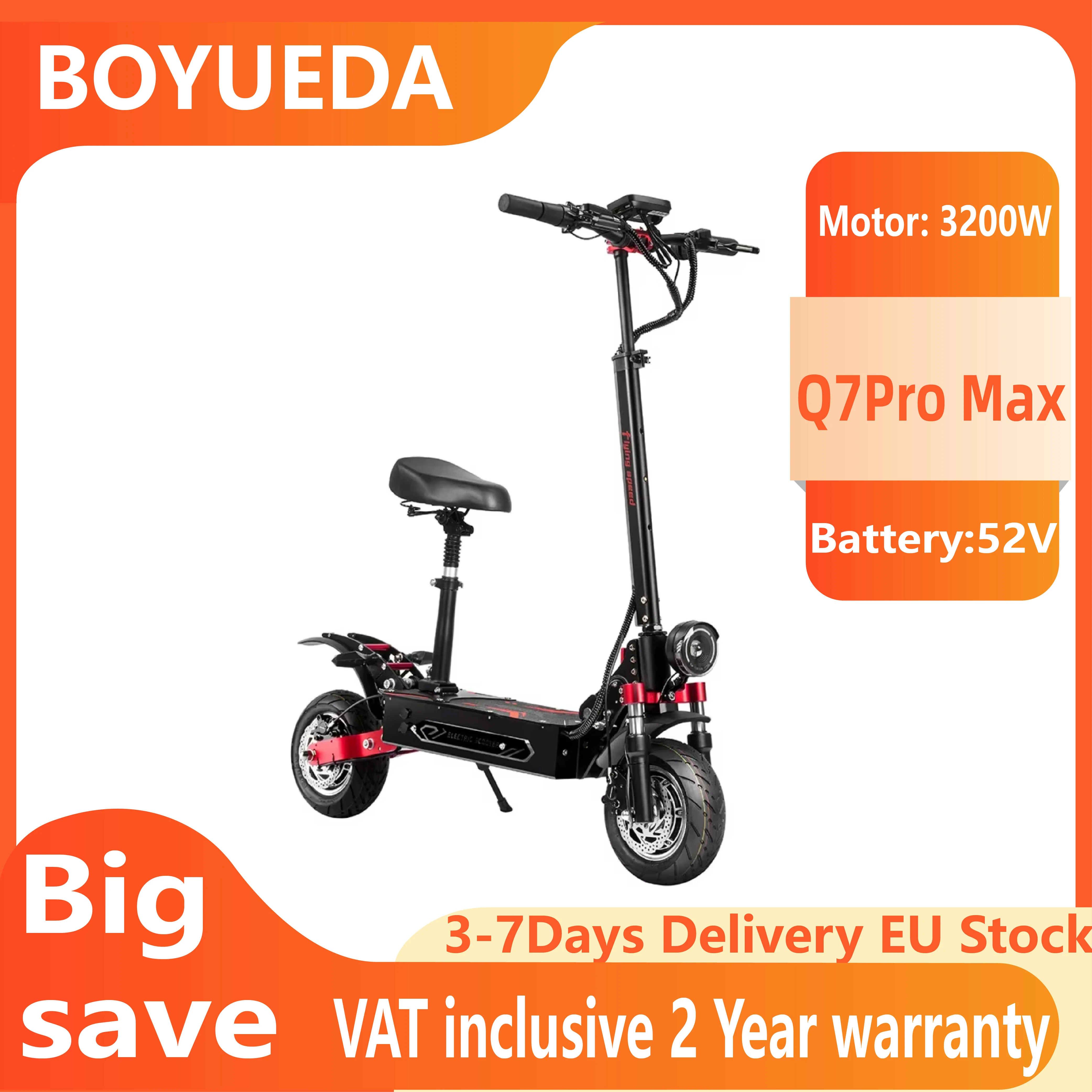 Trottinette électrique BOYUEDA Q7Pro Max City, pratique, moteur 1600W, batterie 52V28AH, roues de 10 pouces, sièges amovibles, pliable.