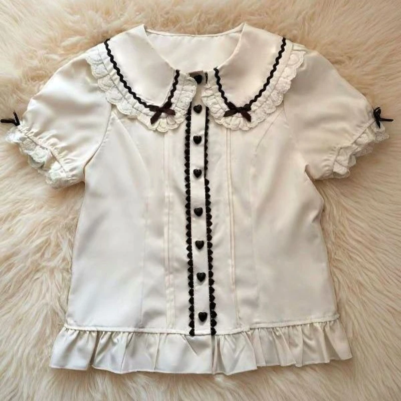 

Французская элегантная приталенная женская блузка в стиле Y2K Harajuku, винтажная, в стиле Лолита, милая, с коротким рукавом, в европейском стиле 2000-х годов, с воротником Питер Пэн