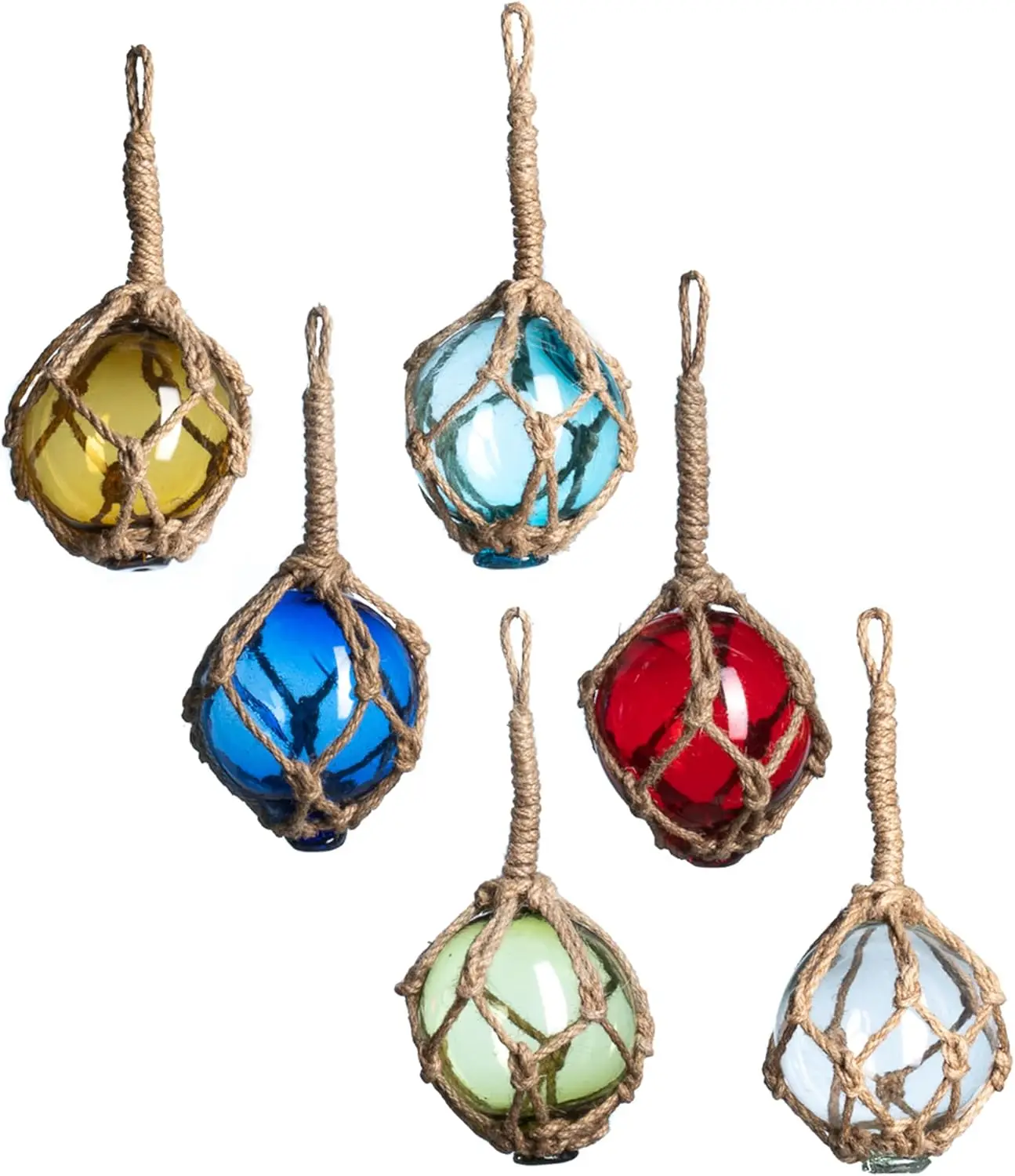 

3" Multicolor Glass Fishing Floats - 6 Pack with Rope - Nautical Coastal Decor