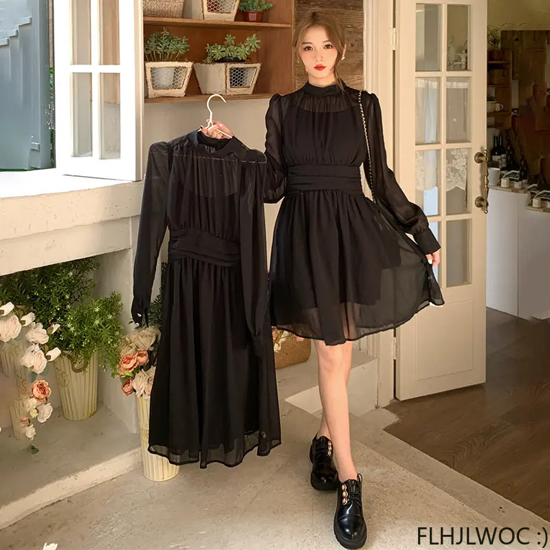 2023 New Chic Elegant Annual Meeting Black Mesh Sheer Dress Fashion Women Stand Collar French Design Long Dresses Vestidos