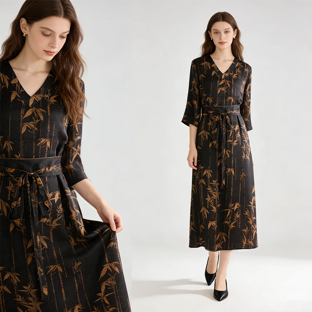 2026 Women's Fashion Spring Clothing 100%Natural Mulberry Silk Fragrant Cloud Yarn Temperament V-neck Three-quarter Sleeve Dress