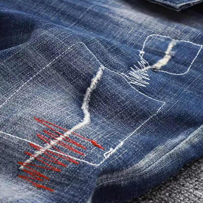 y2k Streetwear Men Jeans Retro Blue Stretch Slim Fit Frayed Ripped Jeans Men Embroidery Designer Vintage Denim Pants Hombre