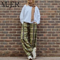 MUJER pantalones de pierna ancha a cuadros para mujer, pantalones sueltos de cintura media, ropa de calle para mujer, pantalones casuales para mujer, pantalones Vintage de vacaciones para mujer