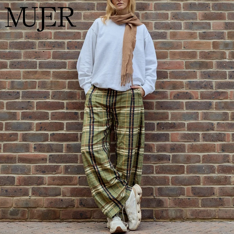 MUJER Plaid Wide Leg Pants for Women Mid Waist Loose Pants Woman Streetwear Casual Women's Pants Holiday Vintage Trousers Womens