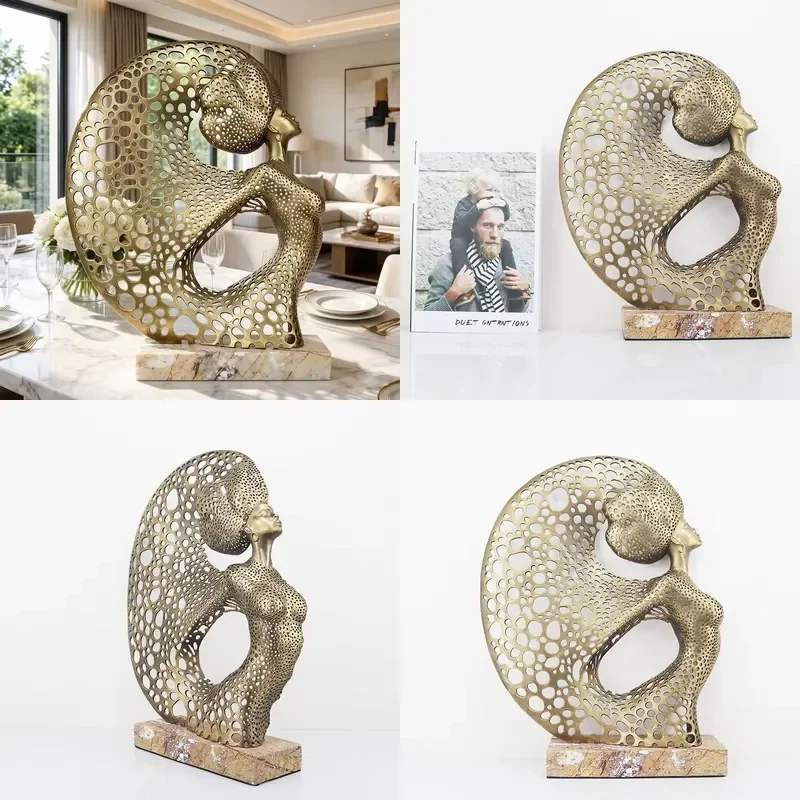 for Hollow out antique brass female statue handmade modern luxury marble base abstract lady statue home decoration art gift