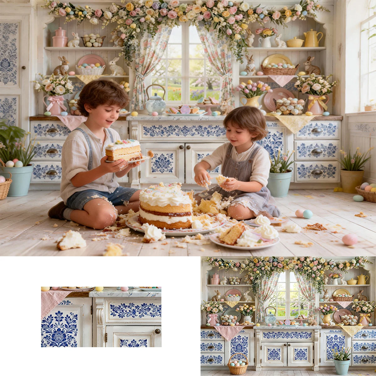 Easter White Kitchen Blue Delft Style Backdrops Tiles Pastel Bunny Eggs Blooming Floral Garlands Sunlit Window Spring Background