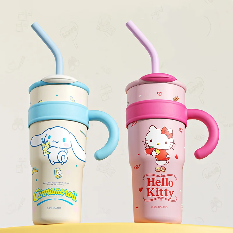 Sanrio Insulated Water Bottle Hello Kitty Cute Figure Large Capacity Straw Thermos Cartoon Anti-fall High Value Cute Sippy Cup