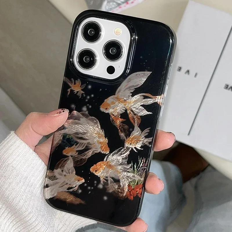 Luckly Koi – coque de téléphone noire, étui souple antichoc pour iPhone 16 15 Pro Max 14 Plus 13 12 11 Pro Max X XR XS Max 7 8 Plus 16E