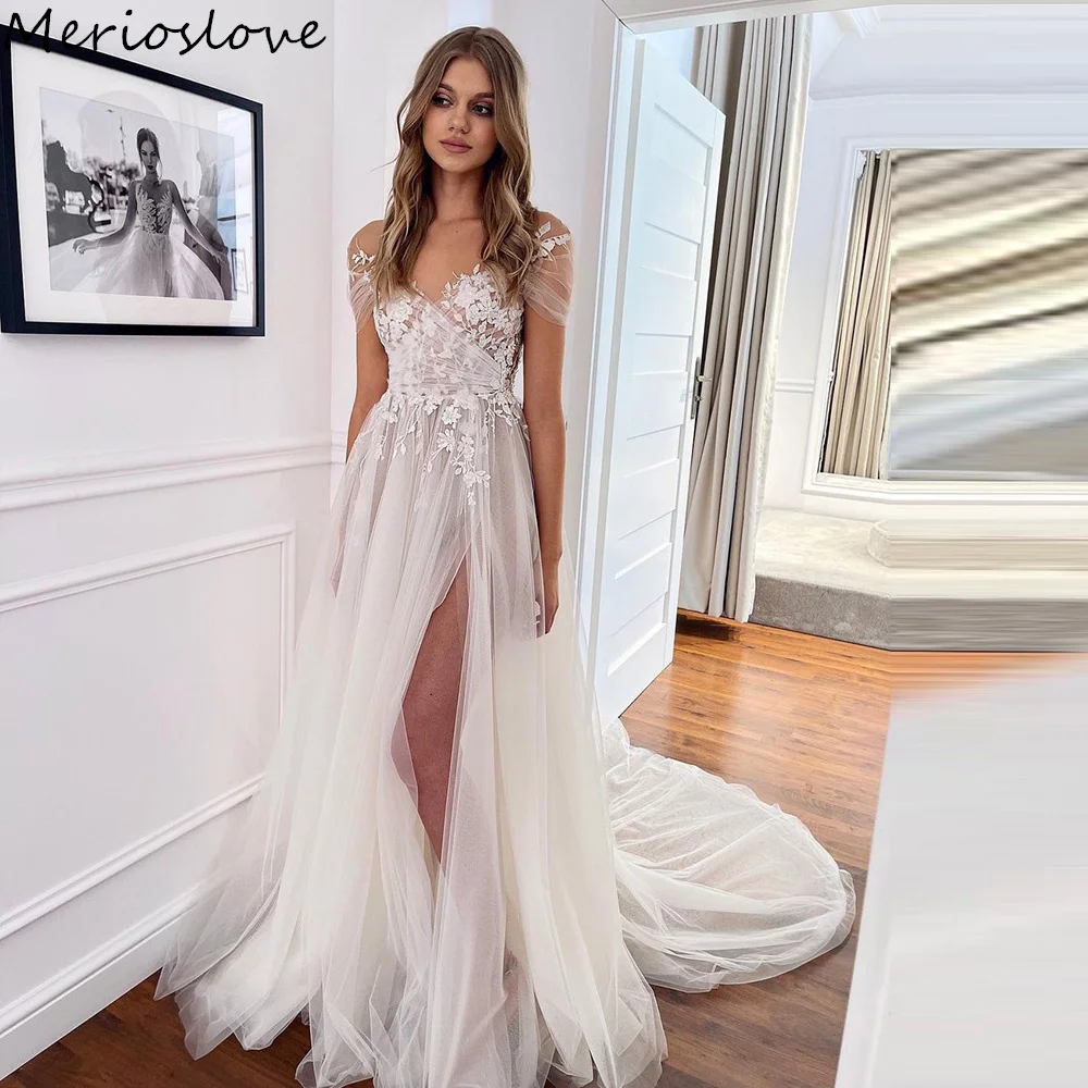 Merioslove Boho Wedding Dresses Lace Appliques Off the Shoulder Side Split A-Line Bridal Gowns Beach vestido de novia 2024