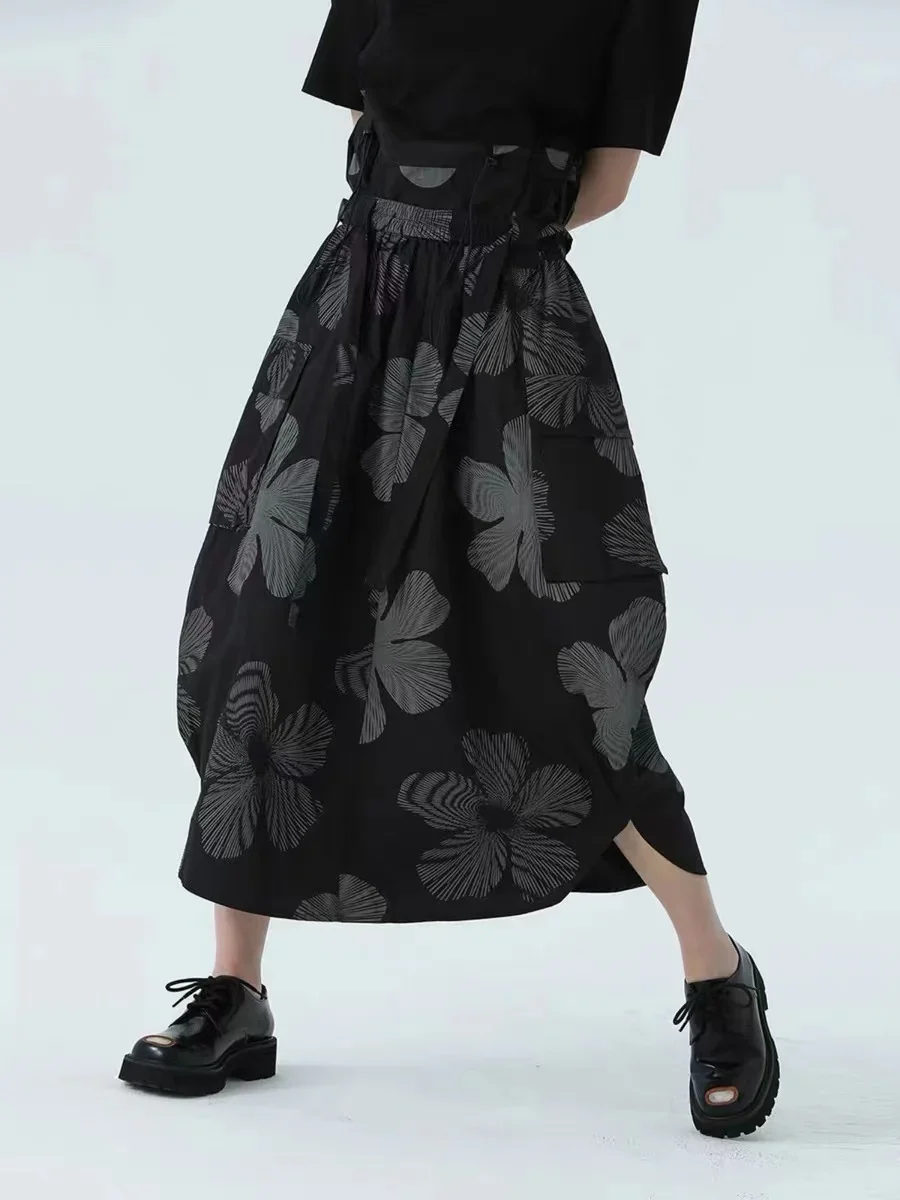 Cakucool Autumn Simple Black New Women's High Waist Loose Arc Drawstring Floral Printing Long Skirt Loose Cocoon Design Skirts