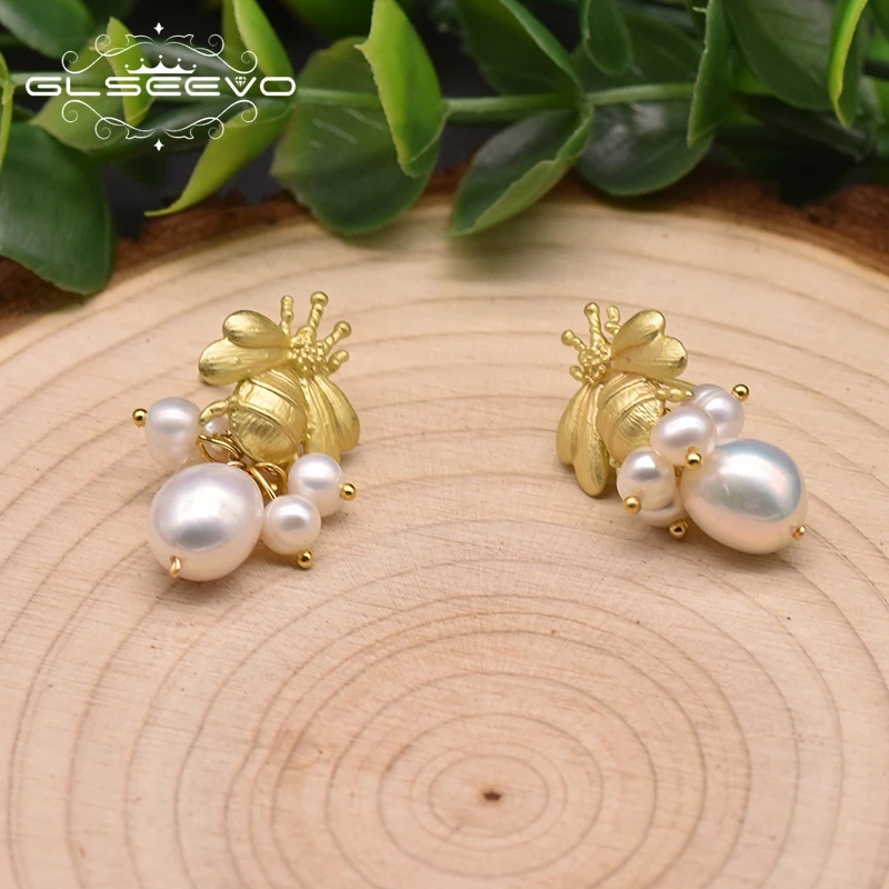 GLSEEVO Natural Freshwater Pearl Bee Drop Earrings For Women Anniversary Handmade Personalized Style Jewelry GE0990C