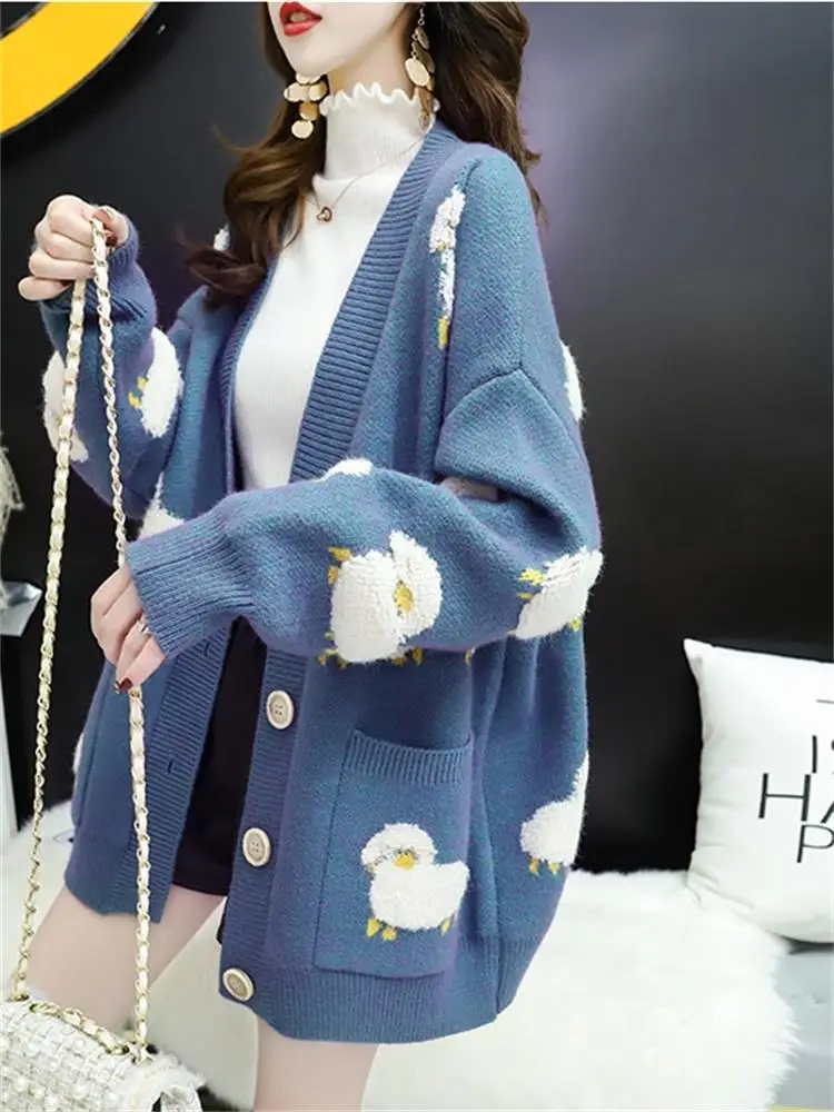 Spring  Autumn New Little Sheep Sweater Cardigan Women's Loose Outerwear Korean Version Lazy Style Knitwear Cardigan Coat Women