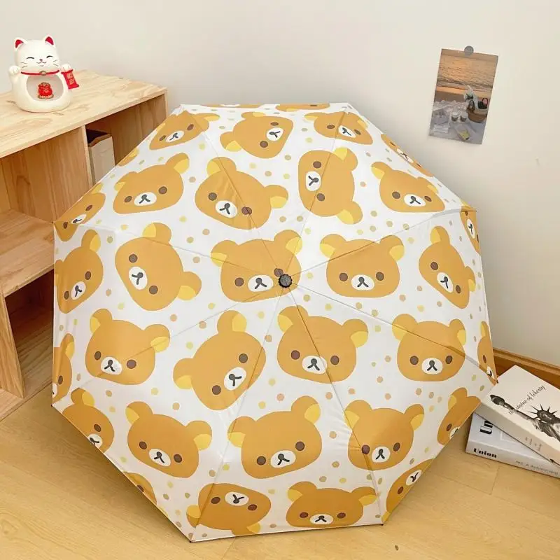 New Kawaii Cute Rilakkuma Umbrella Fully Automatic Folding Sun Umbrella Black Rubber Cartoon Birthday Gifts Girlfriend Gifts