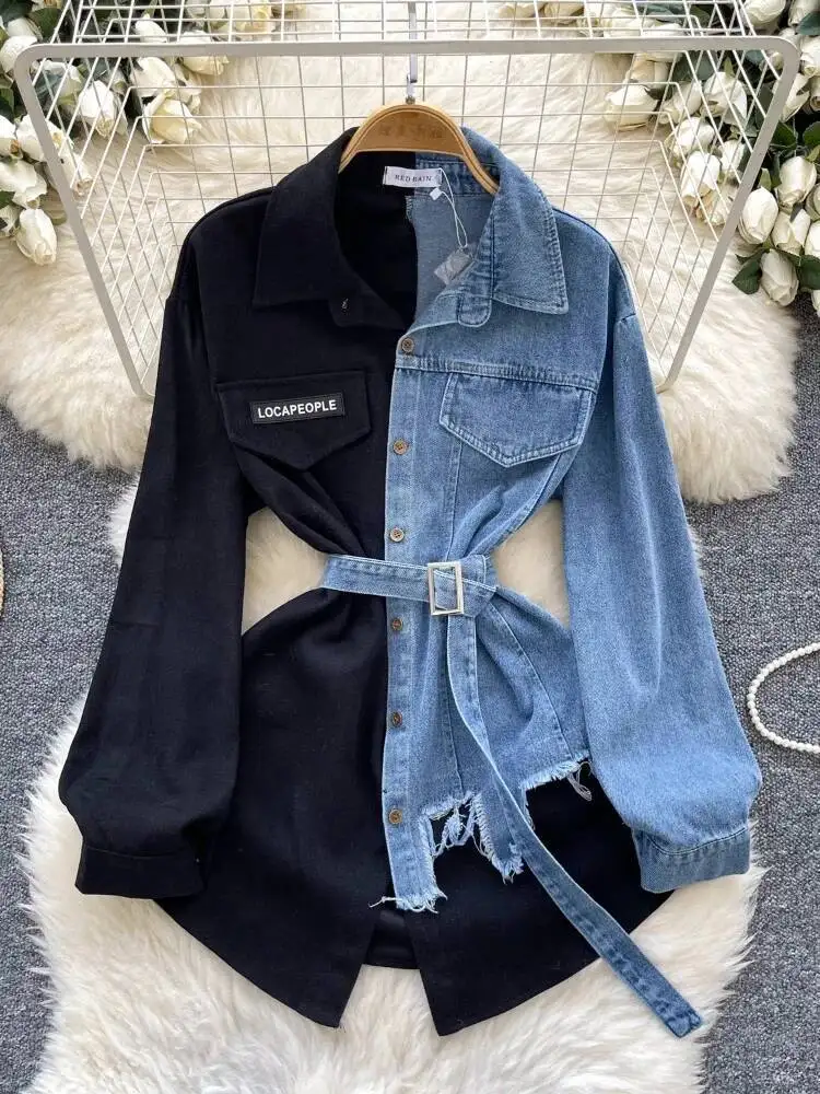 

Retro Irregular Blouse Women Cowboy Splicing Long Sleeved Shirt Female Streetwear Autumn Winter Casual Tops