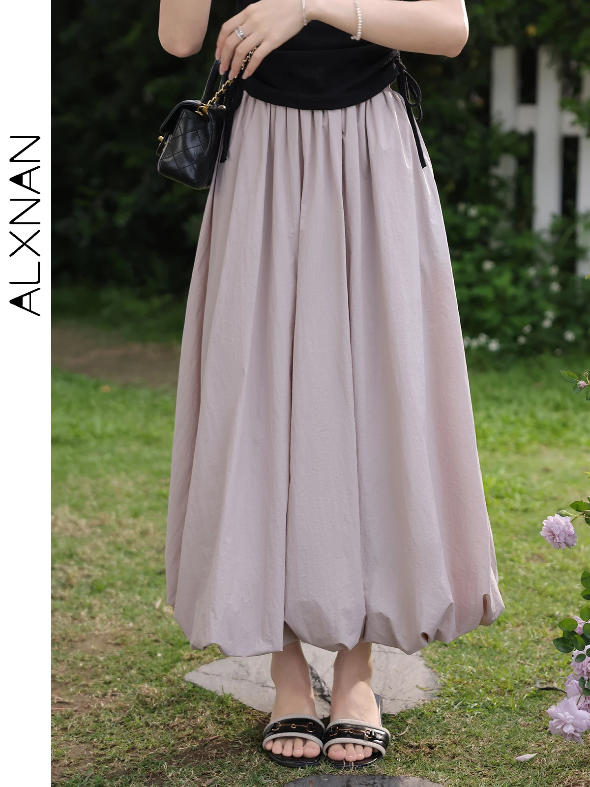 ALXNAN French Style Maxi Skirt Women 2024 New Simple Casual Summer High Waist Loose A-line Long Skirts Female Clothing L35929