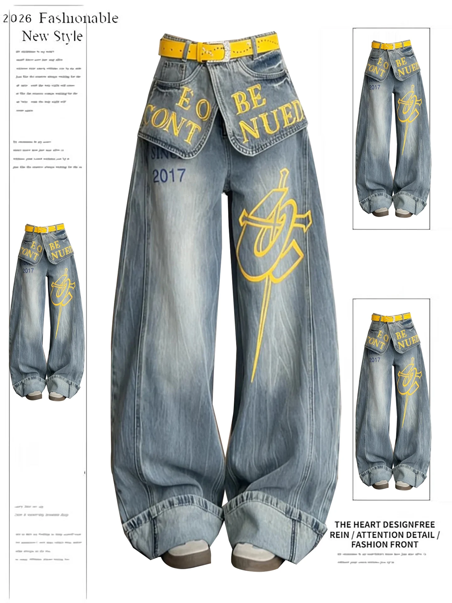 

Американские джинсовые брюки с принтом в стиле High Street для женщин, с двойным поясом, имитация двухслойности, широкие штанины, модные, для создания эффекта двух частей