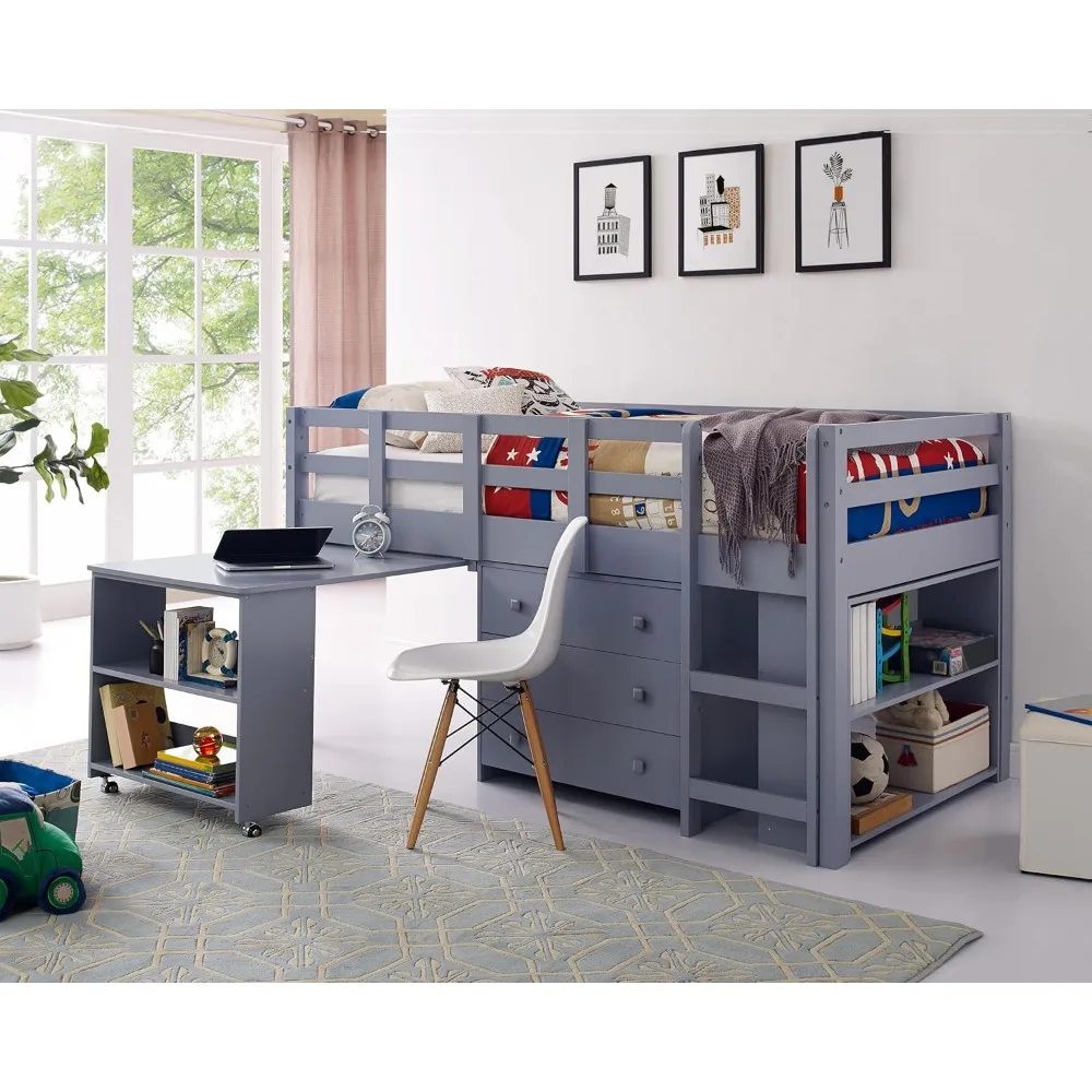 

Home Grey Twin Size Loft Bed with Desk, Bookcase Shelf, Cabinet Ladder, and Safety Guard Rails