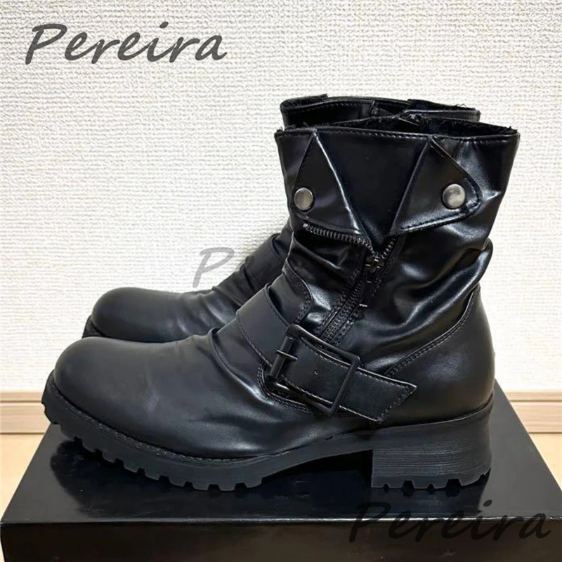 Black Belt Buckle Motorcycle Boots Street Style Trend Versatile Thick Soled Side Zipper Short Boots Spring Autumn Men's Shoes