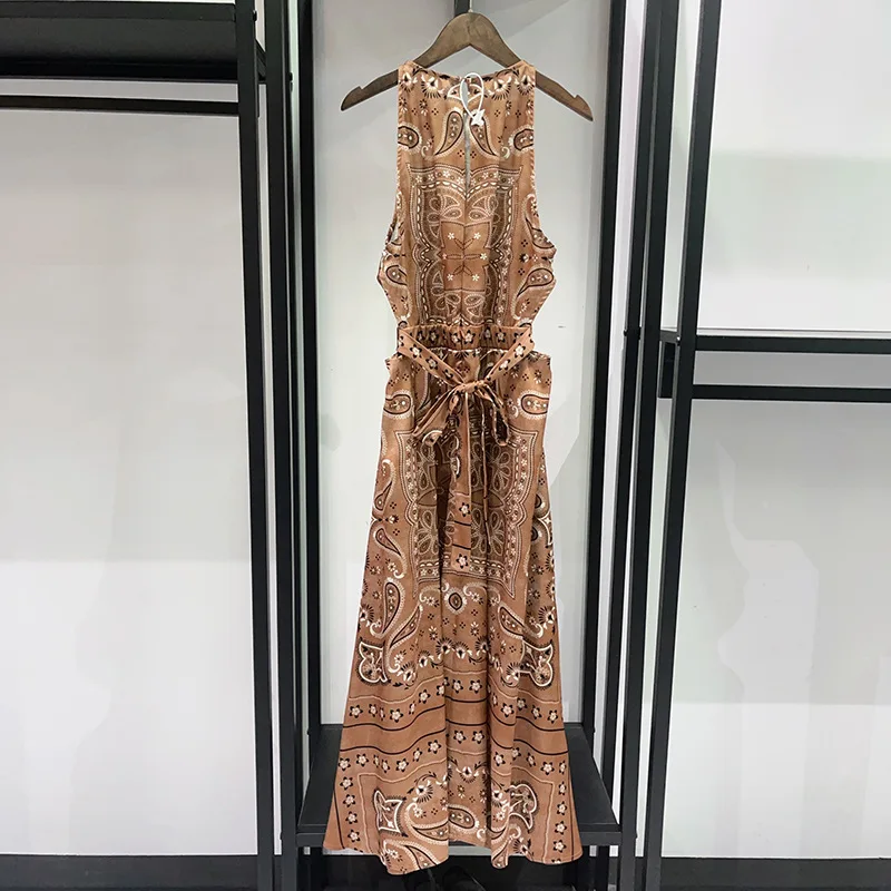 

Spring/Summer Women Paisley Print Zipper Set O-Neck Sleeveless A-line Maxi Dress + Elastic High Waist Elegant Flare Pants