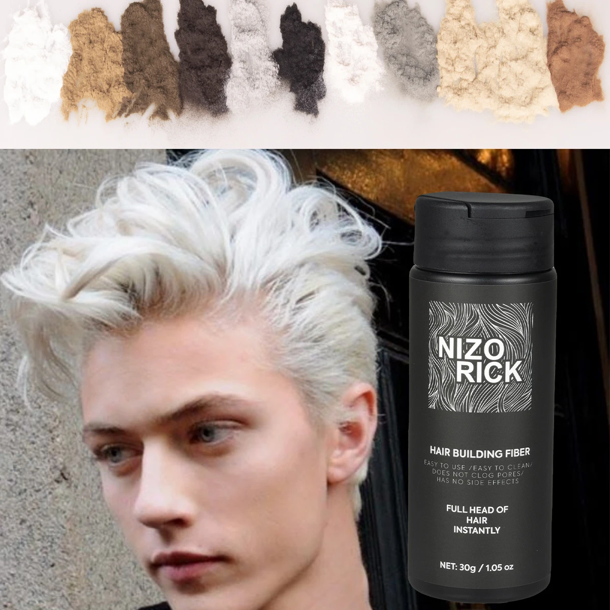 Nizo Rick Hair Fiber Powder 30g White, for covering hair imperfections, suitable for all hair types, including natural hair.