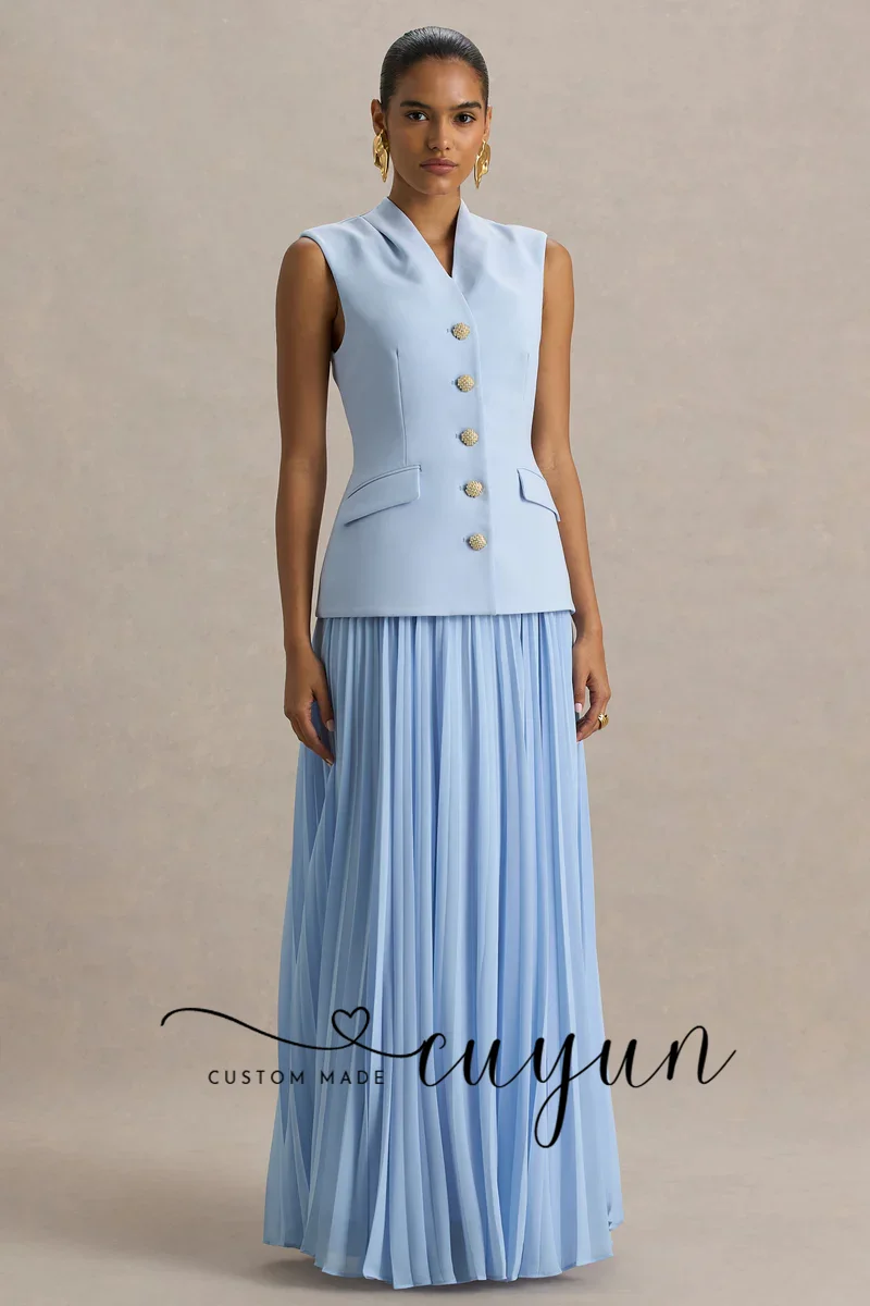 CUYUN Abito da sera personalizzato chic azzurro cielo con scollo a V senza maniche giacca monopetto pieghettato lungo abito da ballo cena festa