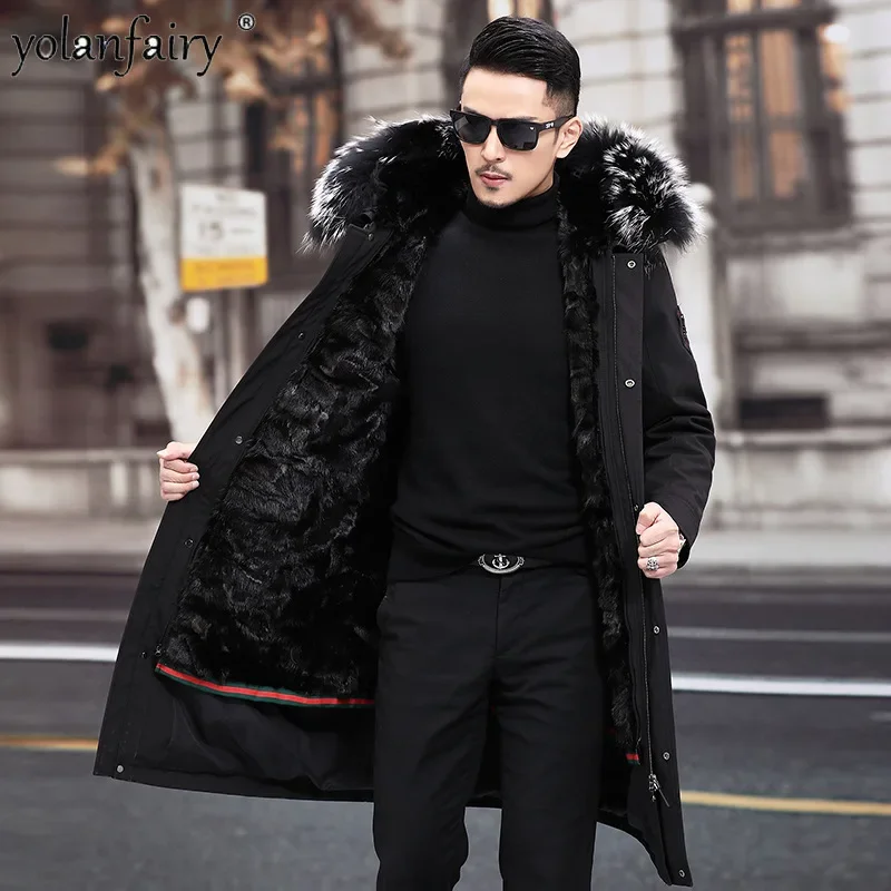 Mink Liner Parka Men's Mink Fur Coat Men Raccoon Fur Collar Knee Length Thick Hooded Mens Fur Jacket Coats Male Clothing FCY4934