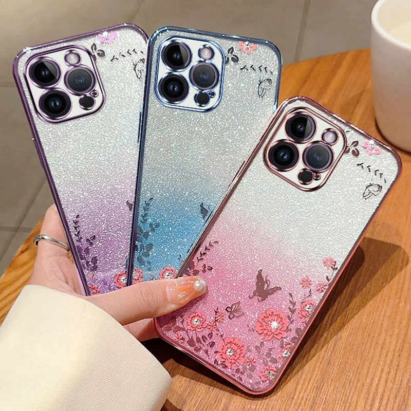 

Glitter Diamond Butterfly Flower Soft Phone Case For Xiaomi Redmi Note 7 8 9 10 11 12 Pro Max 4G 5G 12S 11S 10S 9S 12C 10C Cover