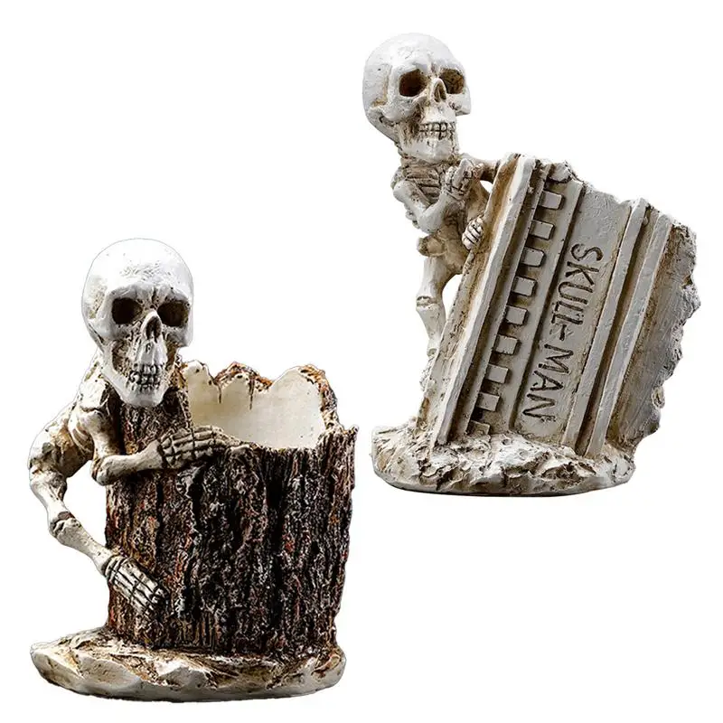 Makeup Brush Holder Halloween Skeleton Resin Statue Pencil Container Holder Desktop Stationery Organizers For Pens Pencils