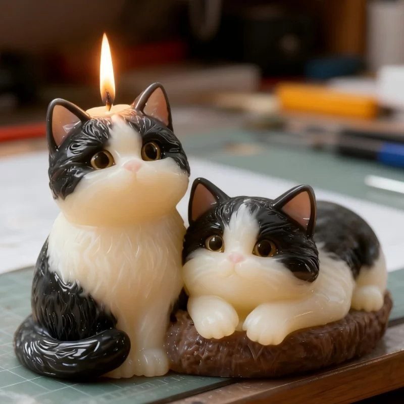 Black and White Cow Cat Brothers Candle Mold Silicone DIY Handmade Aromatherapy Wax Mold Healing Cute Pet Style Decorative Art Tool