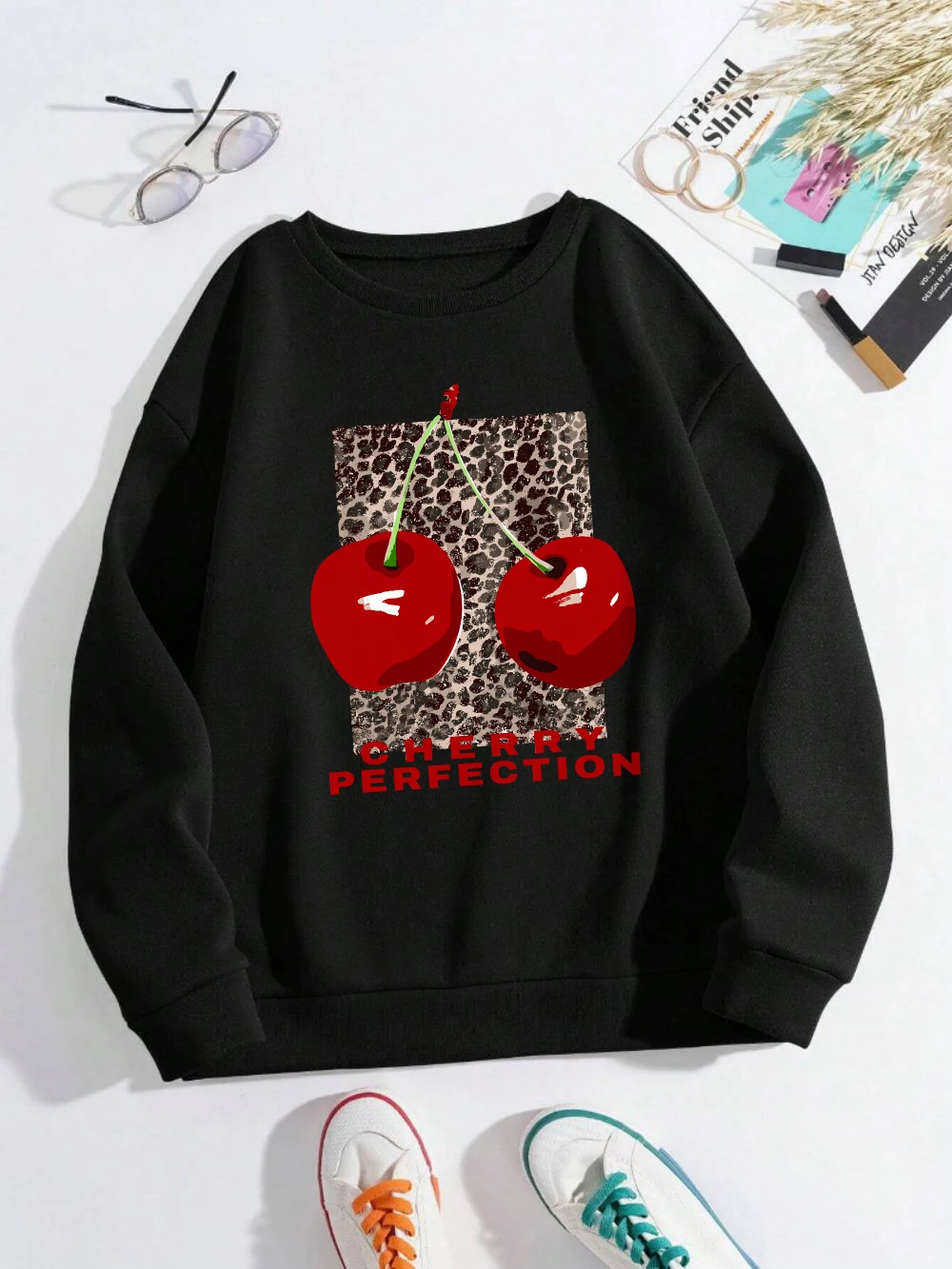 Leopard And Cherry Sweatshirt Women'S Fresh Fruits Printing Hoody Loose Fleece Warm Crewneck Clothes Fashion Womans Pullover