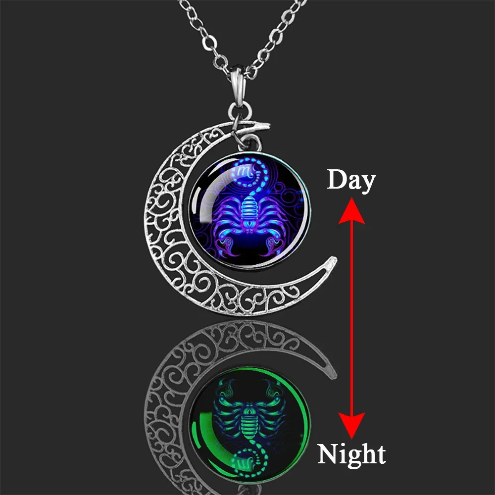 مضيئة 12 الأبراج علامات زودياك القلائد الهلال قلادة على شكل قمر قلادة سلاسل للنساء والرجال هدايا عيد ميلاد مجوهرات