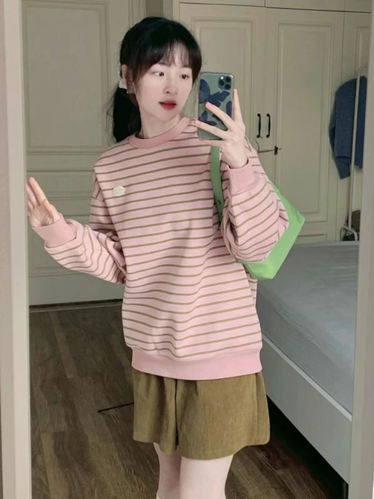 Pink Striped Sweatshirts Women Harajuku Sweet Cute Tender Girls College All-match Ulzzang Loose Sudaderas Y2k Clothes Panelled